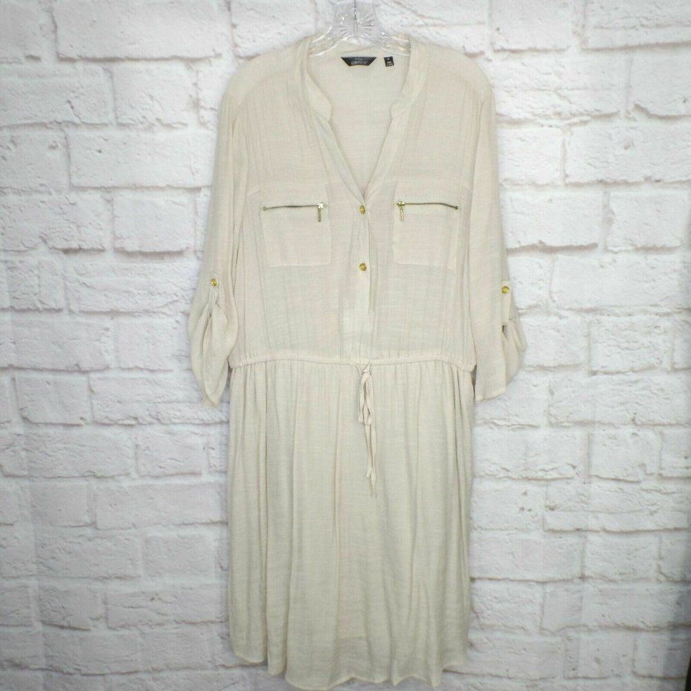 Mlle Gabrielle Dress 2X Beige Roll Tab Sleeve Semi Sheer V Neck